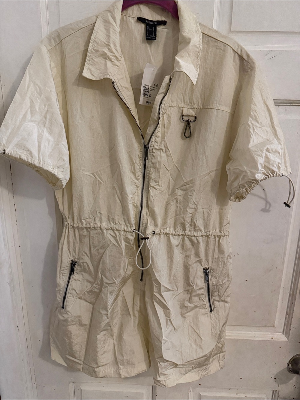 NWT Forever 21 Cream Short-Sleeve Zip Shirt Romper - Small
